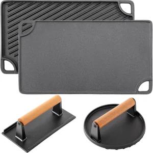 맥스닷 3-in-1 주철 그릴 프레스 세트 양면 직사각형 원형 그리드 플랫 파니니 스테이크 버거 히팅 논스틱
