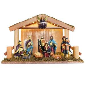 NUKBIL 불이 켜진 성탄절 장면 실내, 나무 마구간이 있는 크리스마스 관리자 세트, 테이블탑 벽난로 휴일 장식을 위한 11피스 빈티지 세트 및 피규어