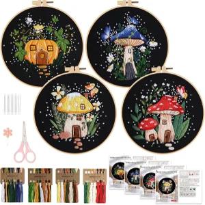드레미스랜드 4세트 초보자를 위한 자수 키트 버섯 및 꽃 크로스 스티치 스타터 DIY 지침서 포함
