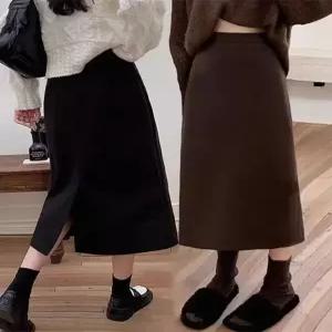 블랙팬서 여성 추동 모직 반하이웨스트 슬림핏 트임 블랙 A라인 힙업 스커트 OPH4