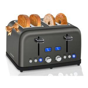 SEEDEEM 토스터 4 슬라이스, LCD 디스플레이, 6가지 그늘 설정, 1.5인치 와이드 슬롯, 베이글용 디지털 스테인리스 토스터, 성에 제거, 재가열, 듀얼 컨트롤, 탈착식 부스러기 트레이, 1500W, 다크 메탈릭
