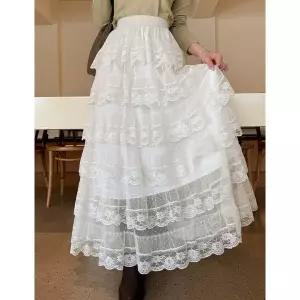 [하프클럽/봉구]bonggoo 허리 밴딩 레이스 프릴 캉캉 롱스커트 봄 가을 겨울