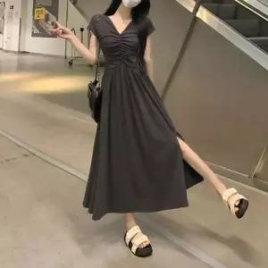 브이넥 러블리 반팔 롱 드레스