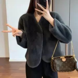 여성 겨울 부드러운 반코트 무지 하프 크롭 코트 자켓