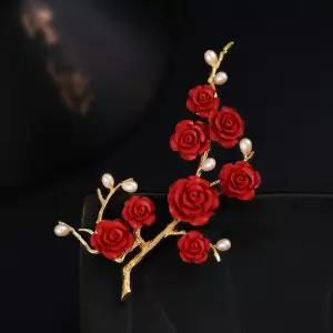 여자브로치 시크 레드 고급스러운 브로치 로즈 우드 정장 코트 액세서리 심쿵