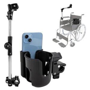휴대폰 마운트, 360 조절 가능한 음료 홀더 우산 스탠드, 휠체어, 워커, 자전거, 롤레이터 및 스쿠터용 모빌리티 액세서리가 포함된 휠체어 컵 세트