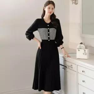 XXL까지) 이켄드 스트라이프 배색 니트 원피스 봄 가을 플리츠 하객룩 오피스룩 모임룩 격식룩 빅사이즈