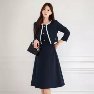 XXL까지) 모니 레이어드 배색 자켓 플레어 원피스 봄 가을 하객룩 오피스룩 모임룩 격식룩 빅사이즈