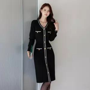 XXL까지) 세란트 브이넥 배색라인 니트 원피스 겨울 H라인 하객룩 오피스룩 모임룩 격식룩 빅사이즈