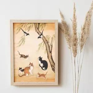럭키차밍 민화 고양이 그림 외국인선물 동양화 귀여운 일러스트 까치 동물 포스터 한국풍 액자