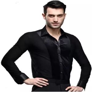 이린페이어 남성 긴팔 블랙 벨벳 라틴 볼룸 댄스 셔츠 정장 차차 룸바 삼바
