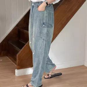 여자 데미지 카고데님 절개 배기진 뒷밴딩 연청 청바지