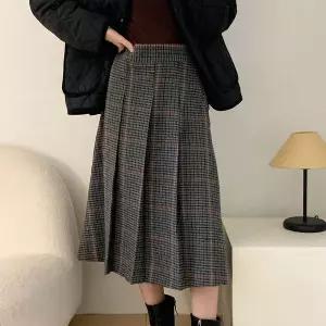 [하프클럽/]여자 격자 단추 랩 아코디언 롱스커트