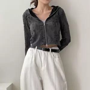 여자 헤짐 데미지 크롭 투웨이 구제 롱슬리브 후드집업