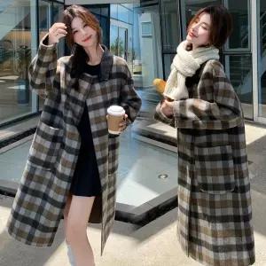 여자 모직코트 체크 양면 캐시미어 코트 롱 겨울 루즈핏 모직 원픽4
