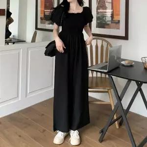 스모크밴딩 어깨밴딩 넥프릴 와이드핏팬츠 점프슈트