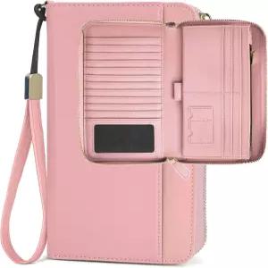 여성용 썬푸 대형 여행용 지갑 에어태그 슬롯이 있는 RFID 지퍼 손목 보호대가 여권 홀더 클러치(핑크)