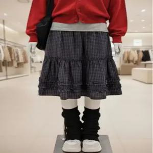 [스타일리쉬바이피클]프릴 레이어드 체크 미디 스커트