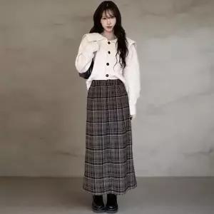 [하프클럽/]여성 가을 겨울 텐션 체크 롱스커트