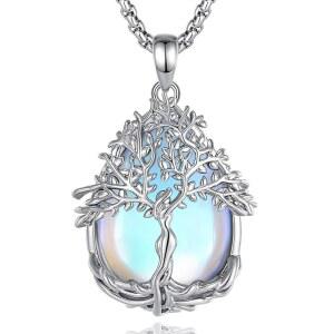 여성 남성을 위한 비토 트리 오브 라이프 목걸이, 은도금 구리 눈물 방울 문스톤 / 옵시디언 터쿼이즈 자수정 말라카이트 크리스탈 목걸이 보호 에너지 부적 보석 선물, 엄마 아내를 20+2