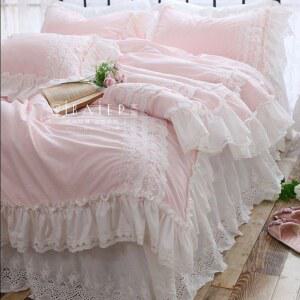 신혼 레이스 핑크 실크 이불 침구 럭셔리 더블 4피스 호텔식 공주풍 레이스이불 신혼부부