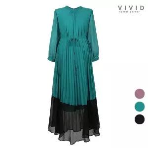 [하프클럽/비비드시크릿가너]VIVID 밑단배색 플리츠 끈벨트 루즈핏 쉬폰 원피스