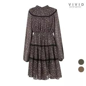 [하프클럽/비비드시크릿가너]VIVID 잔꽃무늬 레이스배색 봄가을 쉬폰 원피스