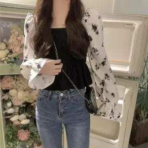 [하프클럽/ ]여자 스모킹 꽃무늬 청초 배색소매 블라우스