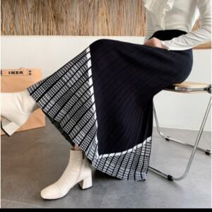 KJP가을겨울 하이웨스트 블랙 체크 니트 롱 스커트