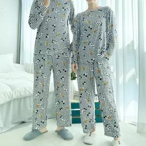 디즈니 커플 체크 잠옷 파자마 피치 팬츠 세트 긴팔 긴바지 패밀리 빅사이즈 홈파티 홈웨어