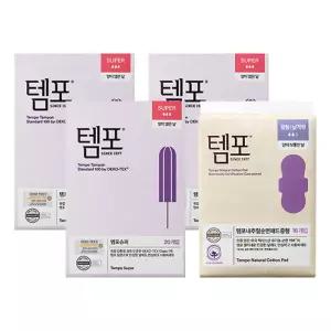 템포 오리지널 탐폰 슈퍼, (20입), 3개 + 템포 내추럴 순면 패드 생리대 중형 (16입), 1개