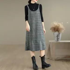 빈티지 체크 모직 레이어드 뷔스티에 원피스 치마 롱원피스 가을 겨울 긴팔 여성 루즈핏