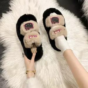 헬로키티 털 슬리퍼 여성 겨울 두꺼운 미끄럼 방지 코튼 실내화 거실 사무실 학교 기숙사
