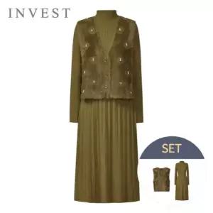 [인베스트] 진주 쥬얼리 조끼+미들 넥 니트 원피스 세트_IN5W1OP3351