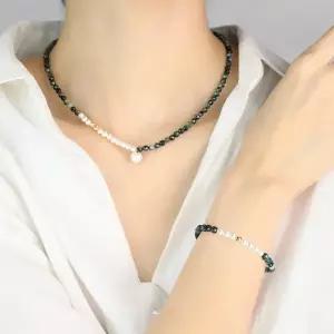 [리즈타라]14k 컷금볼 천연 에메랄드 원석 보테 언발 진주 목걸이&팔찌 세트 [주문제작]