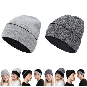 남성용 ZOORON 1&2 비니 겨울 양면 공용 따뜻한 니트 캡 팩 스트라이프 모자 리버시블 남녀