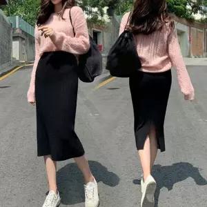 스커트 치마 SK 여성 허리밴딩 데일리 캐주얼 뒷트임 니트 롱