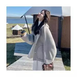 여성용 야구 점퍼 그레이 후드 리버시블 울 코트 겨 슬림핏 숏 CH4