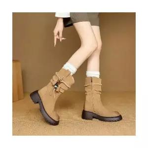 여성용 웨지힐 페티닌 메일라드 통굽 웨스턴 데님 부츠 추동 비즈 리얼 가죽 미들 스트랩 CH4