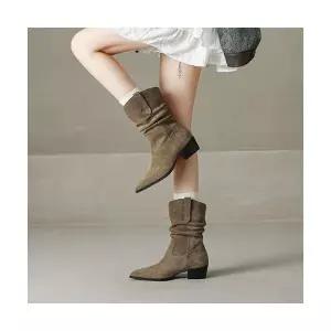 여성용 웨지힐 소가죽 부시 미들 웨스턴 데님 부츠 통굽 리얼 가죽 트렌드 CH5