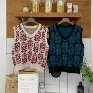 여성 가을 쟈가드 배색 플라워 브이넥 니트 베스트