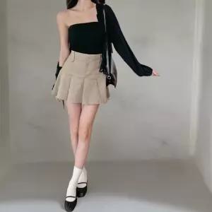 여성 면 스판 하프 스티치 버튼 미니 치마