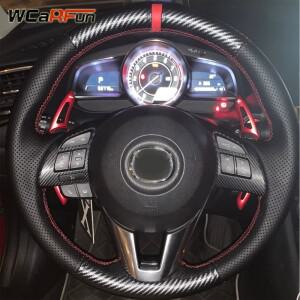 WCaRFun 가죽 탄소 섬유 스티어링 휠 커버 마쓰다 3 악셀라 6 아테나 2 CX-3 2013
