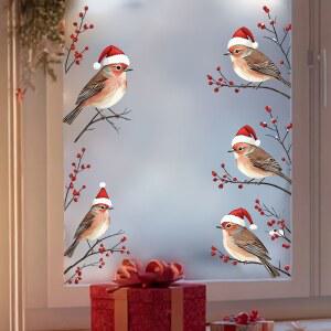 5PCS 크리스마스 산타 모자를 쓴 다섯 마리 새와 붉은 열매가 문 창문 달린 자가 유리 데칼 접착 비닐 스티커 가지