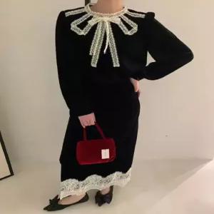 미니코코네 여자 쉬폰 스커트 시폰 겨울 프렌치 빈티지 레이스 하이웨스트 벨벳 DOS4