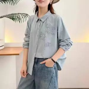 미에스틸로 여성 루즈핏 롱 셔츠 블라우스 털 입체 꽃 긴팔 칼라 싱글 블레이저 ADOR1