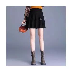여자 쉬폰 스커트 시폰 니트 추동 살구색 빅사이즈 플리츠 A라인 BE4