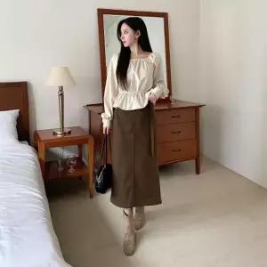 [다잇템] 여자 헤링본 스트랩 폭신 가을겨울 롱스커트