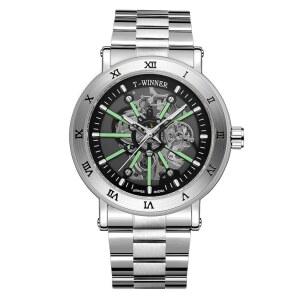 포시닝 남성 스팀펑크 자동 시계 골격 감기 빛나는 로마 번호 손목시계