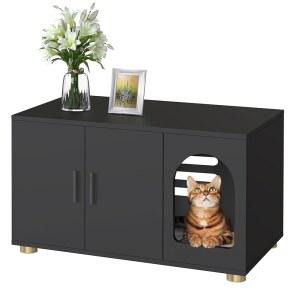 아문브렉 고양이 쓰레기통 인클로저 가구, 스크래치 매트가 있는 모던 스태커블 캐비닛, 사이드 테이블(블랙)